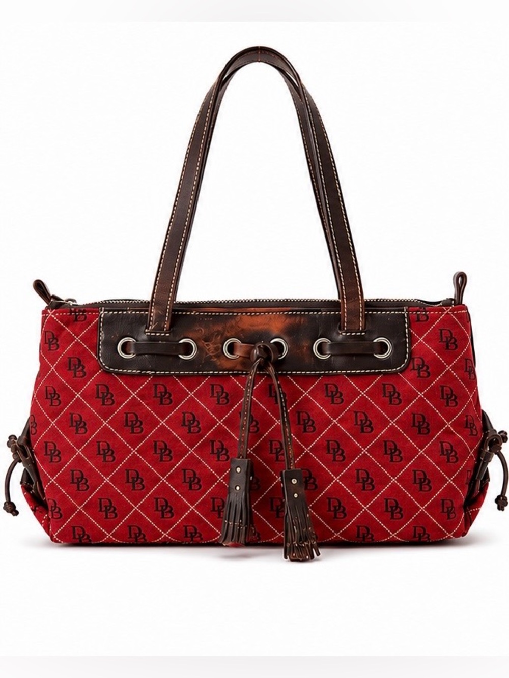 Vintage Dooney & Bourke Red DB Monogram Canvas Tassel Tote Bag Purse